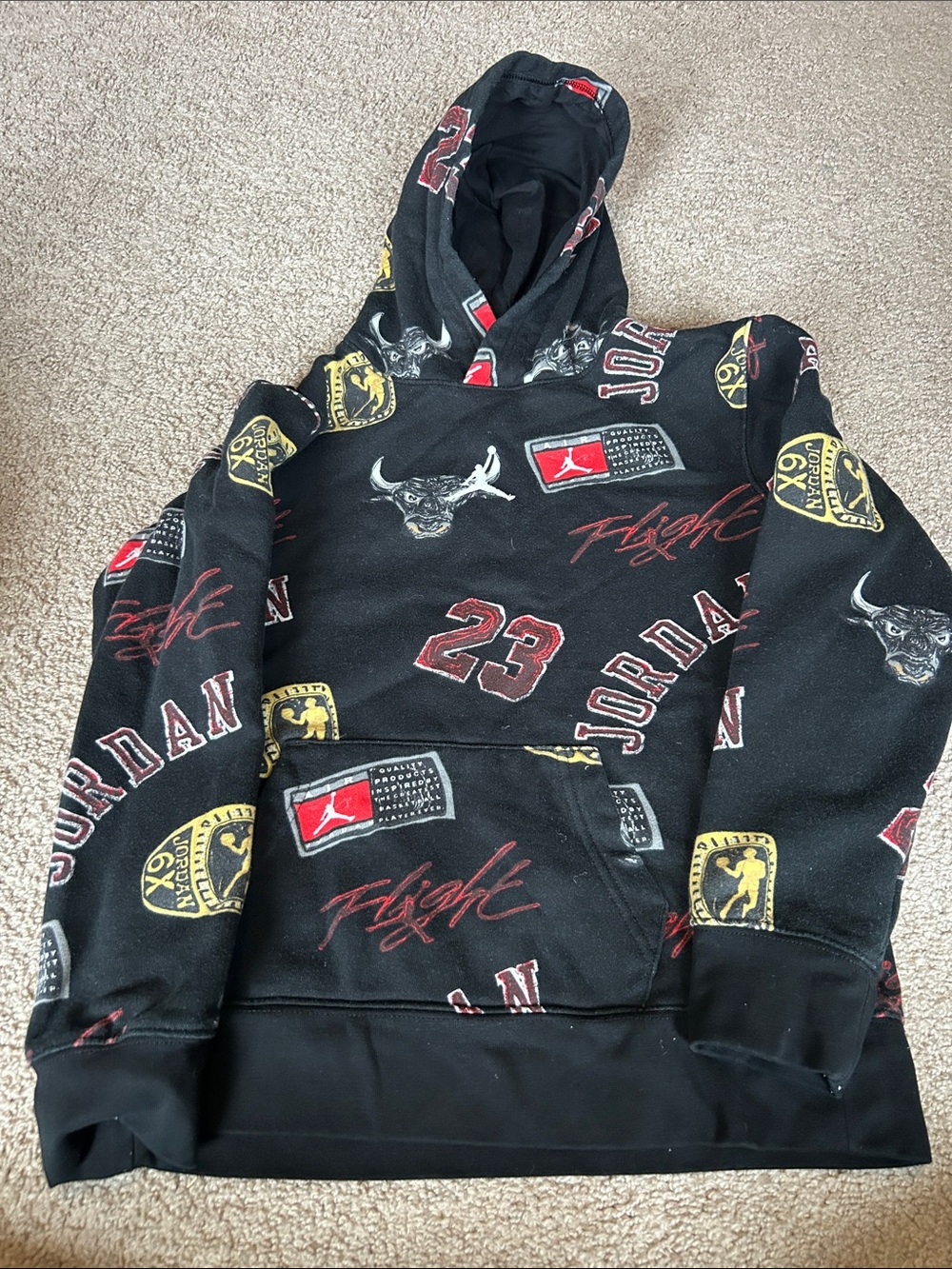 Jordan Black Hoodie with Red '23' and Yellow Patch Accents